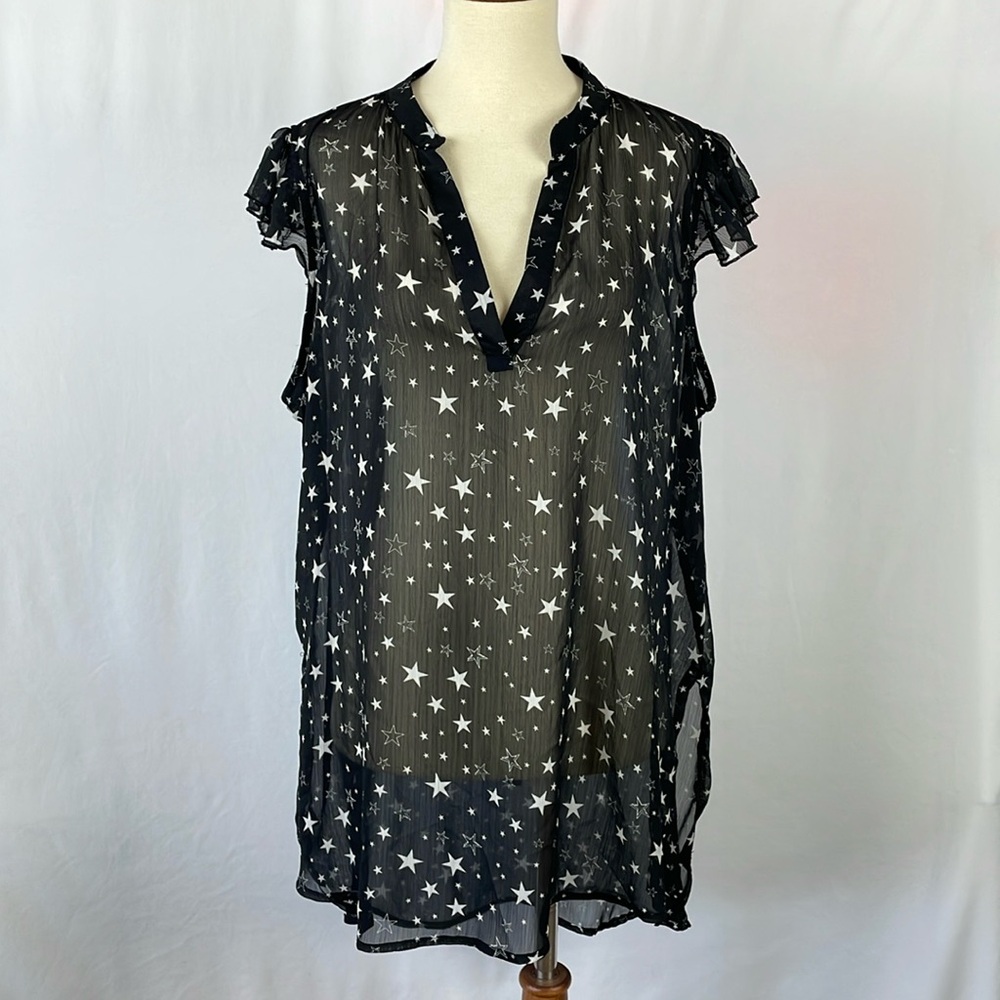 No Boundaries Black Sheer Top w/Stars, Cap Sleeves & Hi-Lo Hem- Size XXL (19) Jr